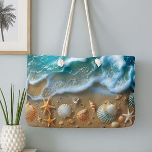 Beach Tote Bag with Seashell & Ocean Wave Design – Large Summer Shoulder Bag